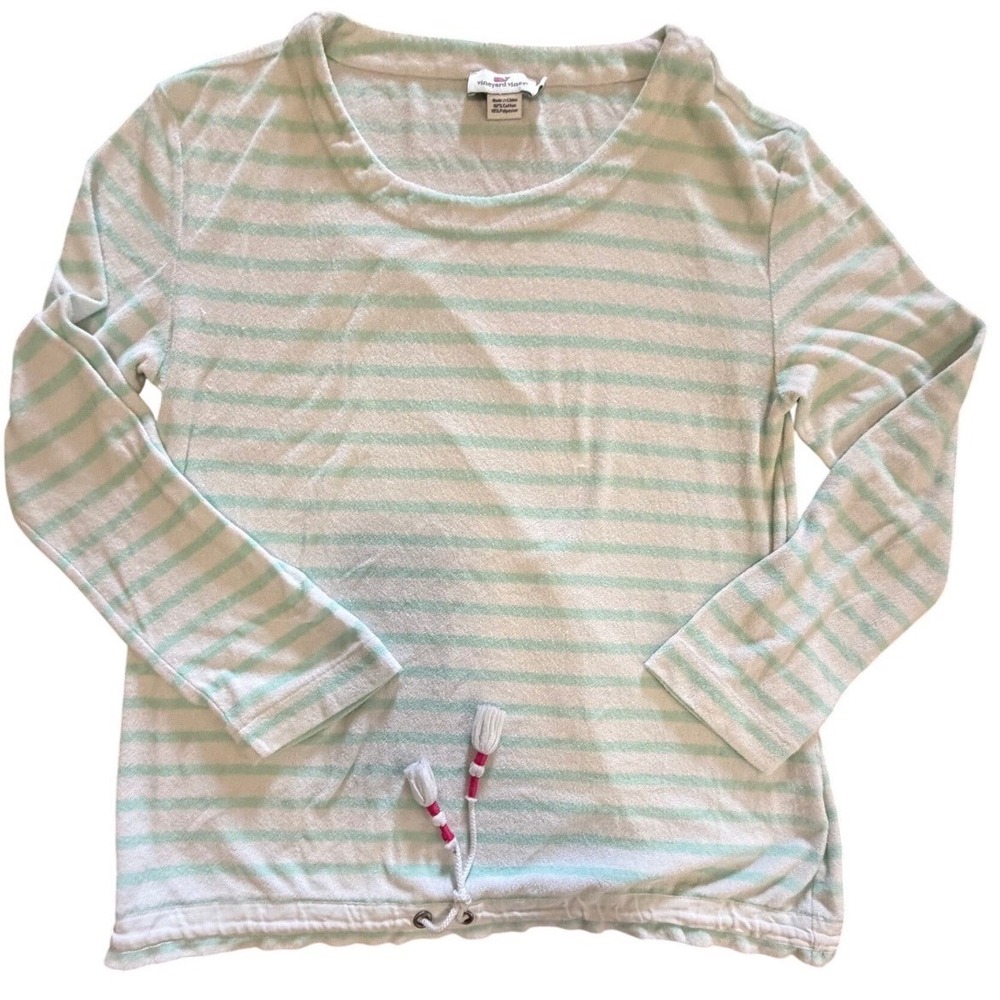 Vineyard Vines Terry Cloth Striped Top Mint Green White Tassel Hem Pullover M - Picture 1 of 9